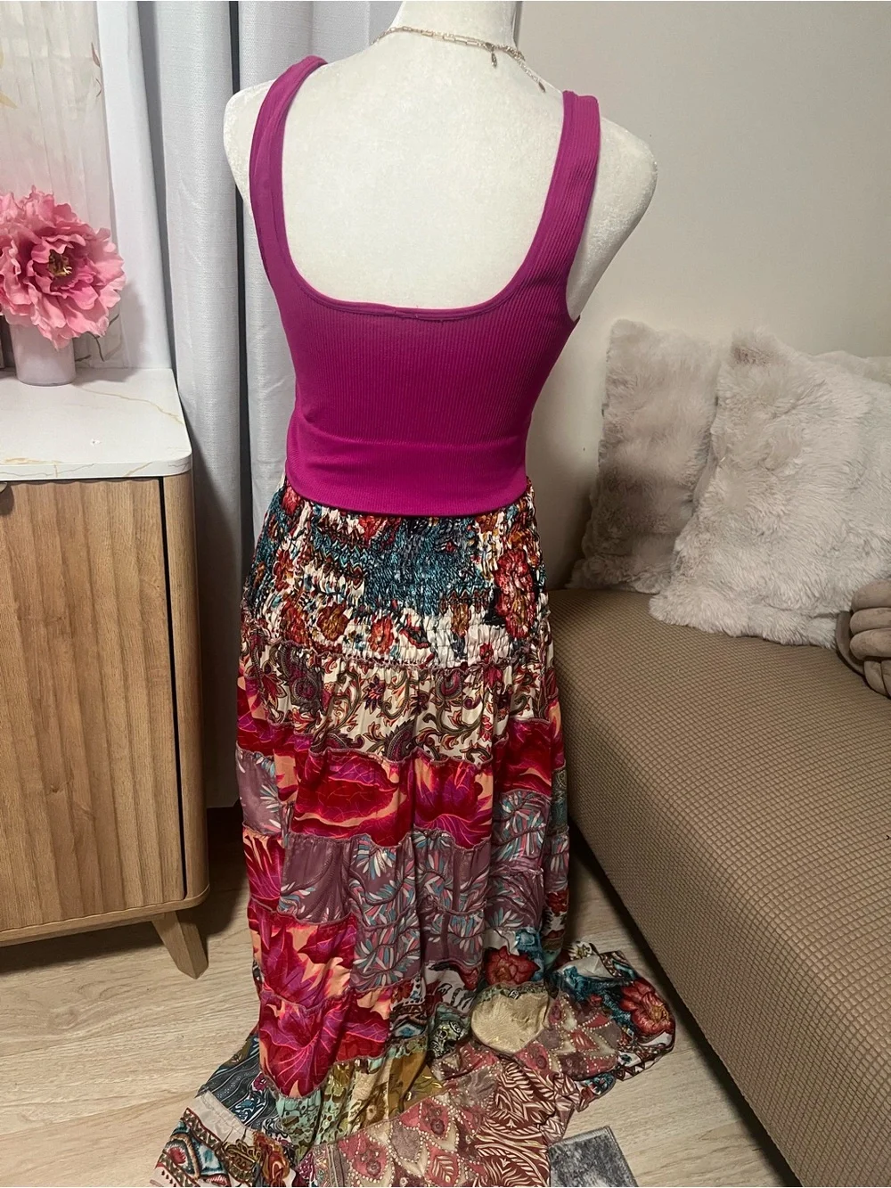 Boho A-Line Patchwork Maxi Skirt in Multi Pink